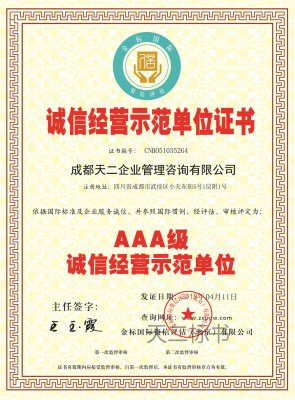 诚信经营示范单位证书